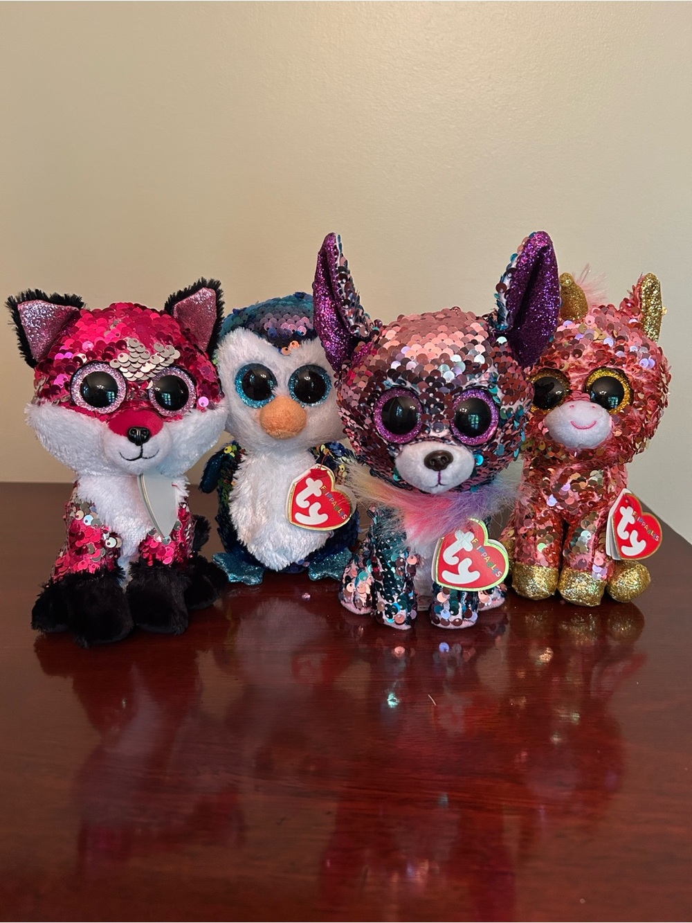 Ty Beanie Boo Flippables, group of 4. Jewel, Payton, Yappy and Sunset. 2018/2019